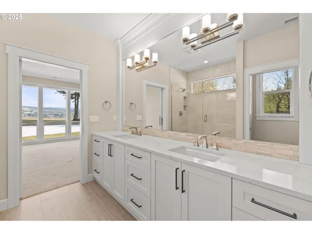 a bathroom with a double vanity sink a mirror and a shower