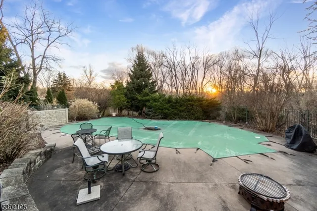 a view of a backyard with table and chairs couches and a fire pit