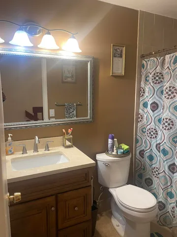 a bathroom with a sink mirror vanity and toilet