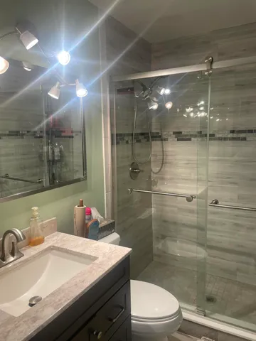 a bathroom with a sink a toilet and shower