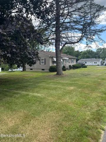 a view of a trees in a big yard next to a house