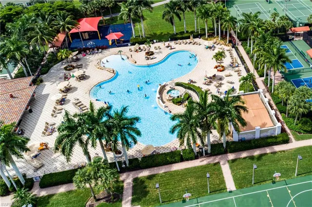 an outdoor space with furniture