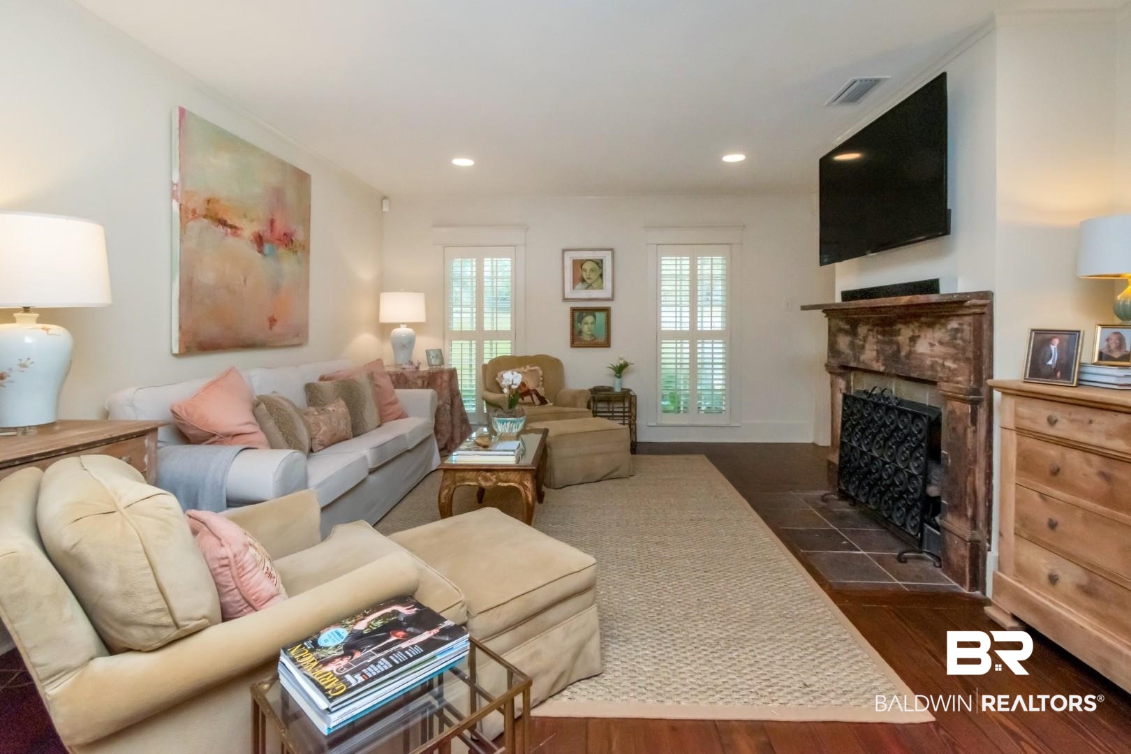 4810 Mums Court Mobile, AL 36608 - Photo 8 of 50 Living area featuring a fireplace with flush hearth, recessed lighting, and dark wood-style floors