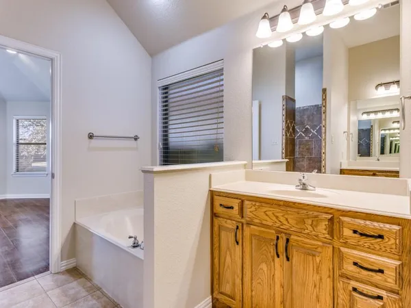 a bathroom with a tub a sink and a large mirror