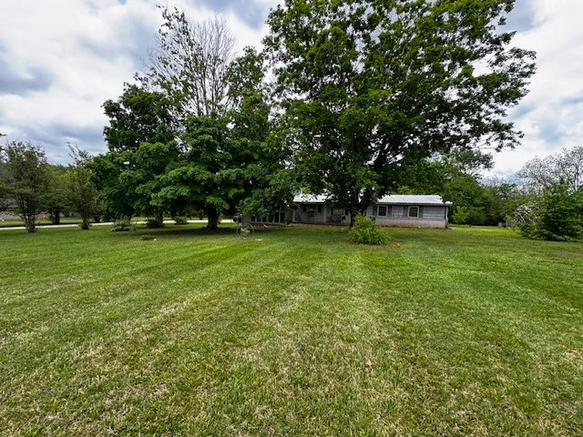 a view of grassy field with benches and trees all around