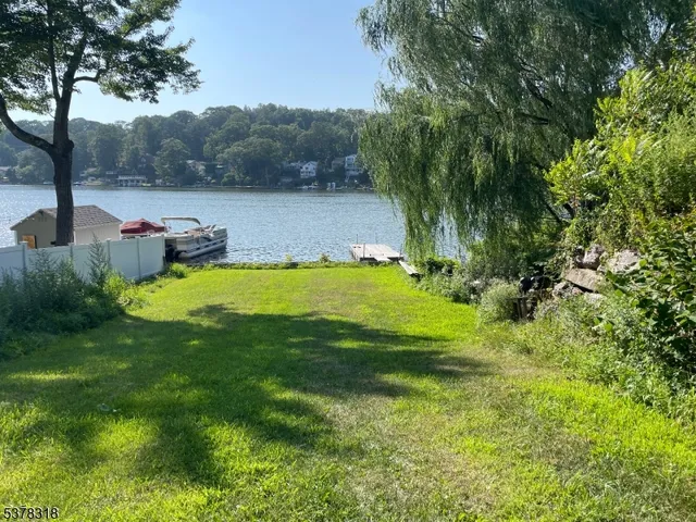 a view of a lake with a yard and a large tree