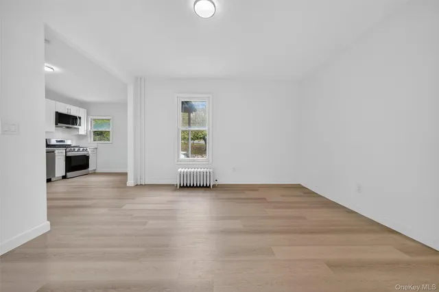 a view of empty room with wooden floor and fireplace