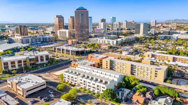 a city view with tall buildings