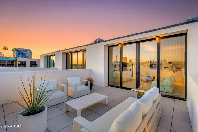 a balcony with furniture and a potted plant