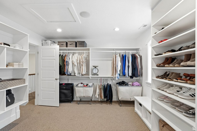 672 Perry Hollow Drive Mapleton, UT 84664 - Photo 50 of 106 Spacious walk-in closet featuring extensive built-in shelving, multiple hanging rods, and recessed lighting