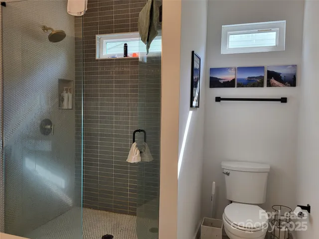 a bathroom with a toilet and a shower