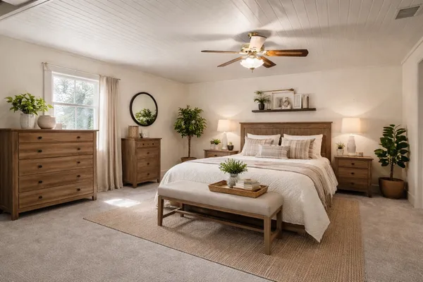 a bedroom with a large bed and a chandelier