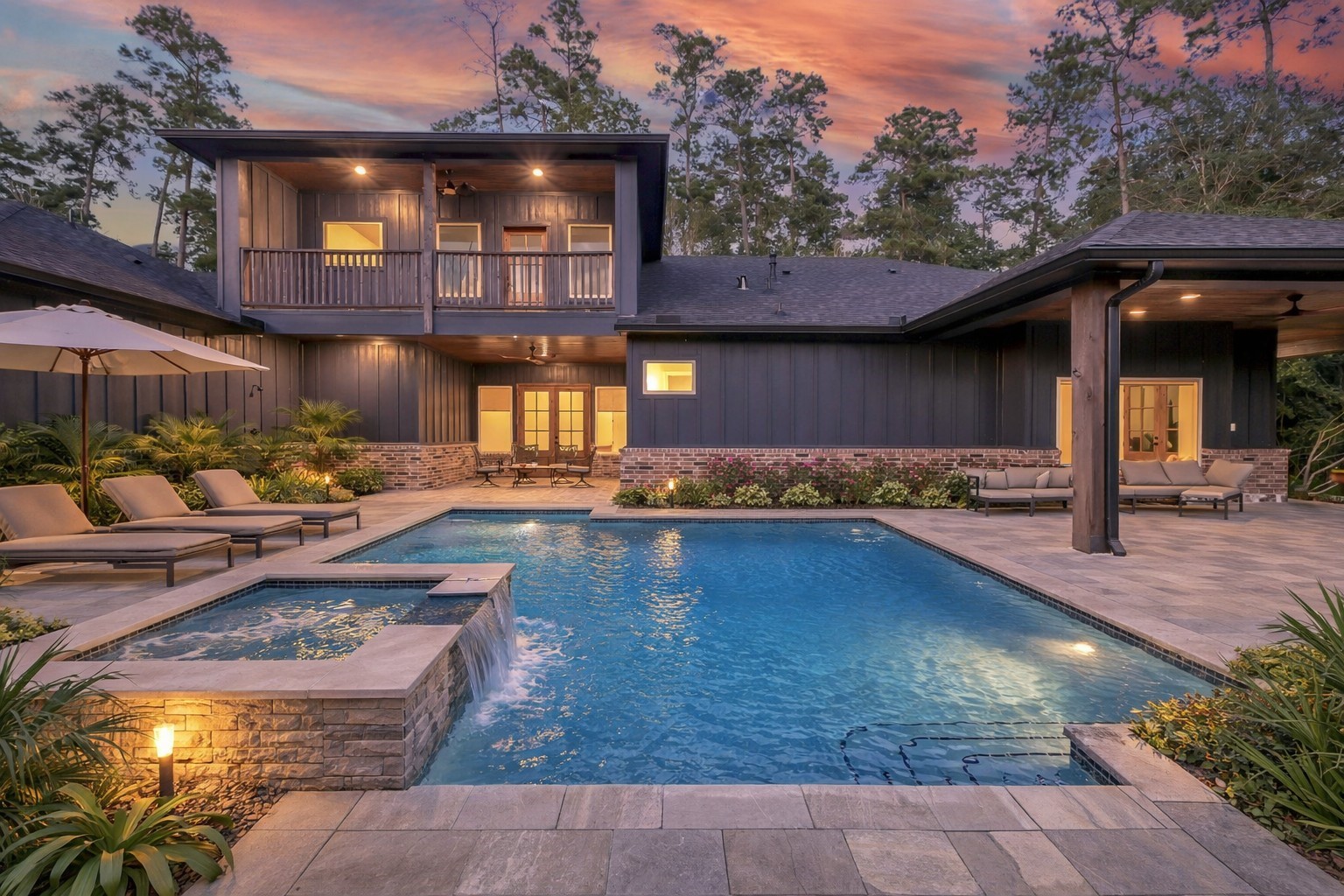 15937 Stagecoach Road Stagecoach, TX 77355 - Photo 40 of 50 Backyard rendering shown for inspiration only. Pool not currently installed. This image illustrates one possible vision for transforming the spacious backyard into a private outdoor retreat. With ample room for a custom pool, spa, and entertaining areas, the property offers endless potential for creating your own backyard oasis tailored to your lifestyle. Buyer to verify feasibility, permits, and design options.