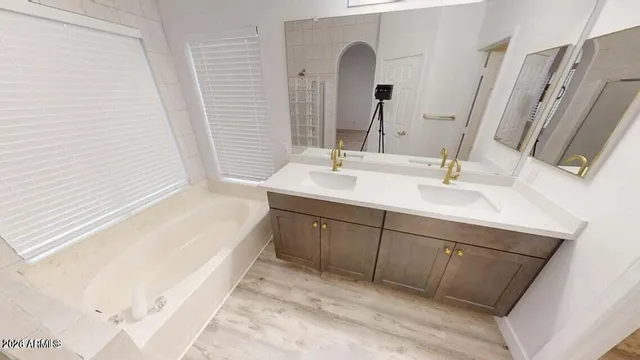 a bathroom with a double vanity sink a mirror and a bathtub