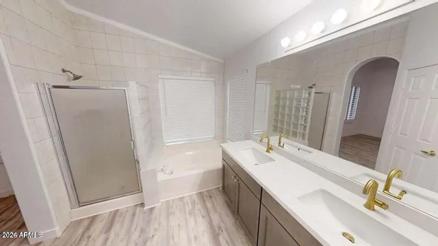 a bathroom with a sink a mirror and a shower