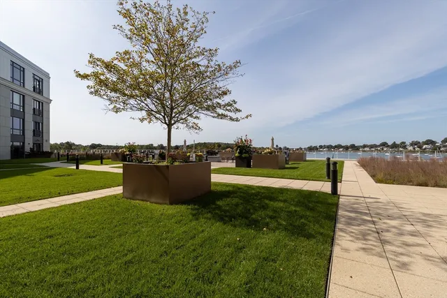 a view of a garden and lake