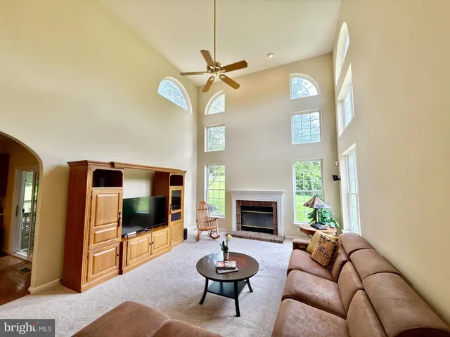 a living room with furniture a fireplace and a ceiling fan