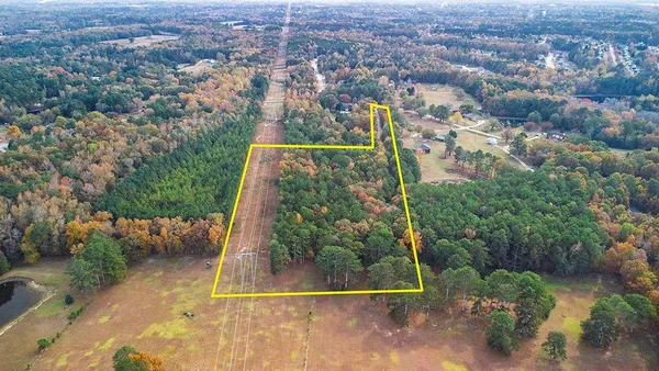 an aerial view of residential houses with outdoor space and trees