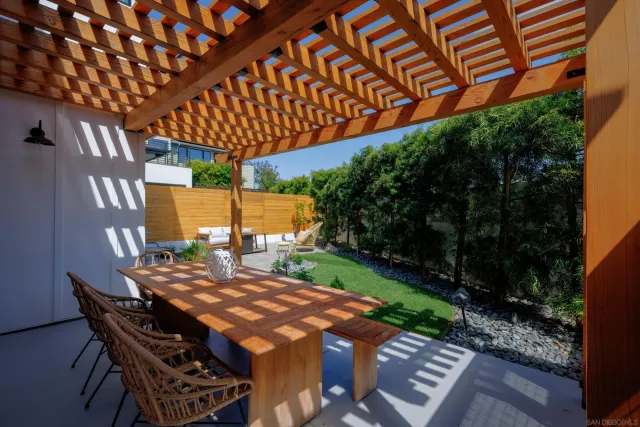 a view of an outdoor space with table and chairs