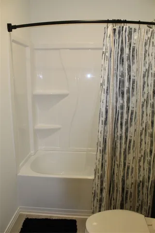 a bathroom with a shower and a toilet