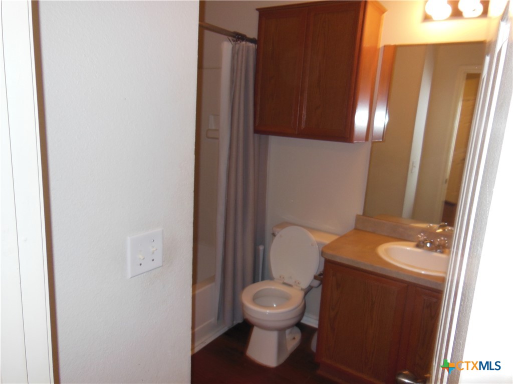 5244 Brookline Schertz, TX 78108 - Photo 18 of 24 a bathroom with a toilet a sink and a mirror