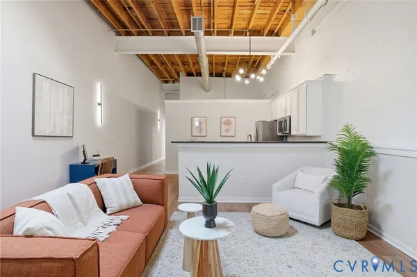 a living room with furniture and potted plant