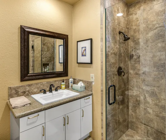 a bathroom with a granite countertop sink a mirror a vanity and shower