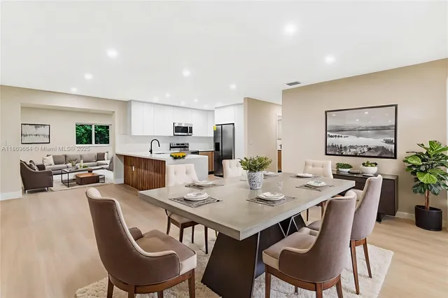 a view of a dining room with furniture