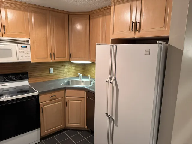 a kitchen with a refrigerator sink and cabinets