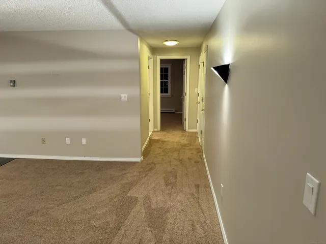 a view of a hallway with wooden shelves