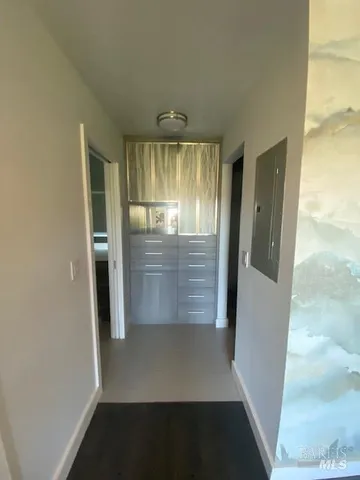 a bathroom with a glass door