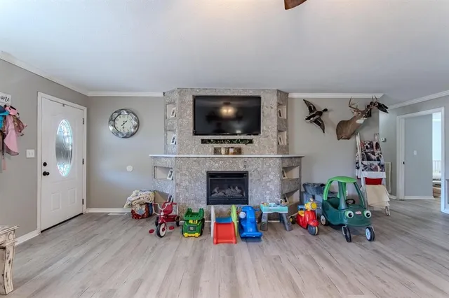 a living room with fireplace furniture and a flat screen tv