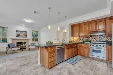 a kitchen with stainless steel appliances granite countertop a stove top oven a sink dishwasher and a fireplace with wooden floor