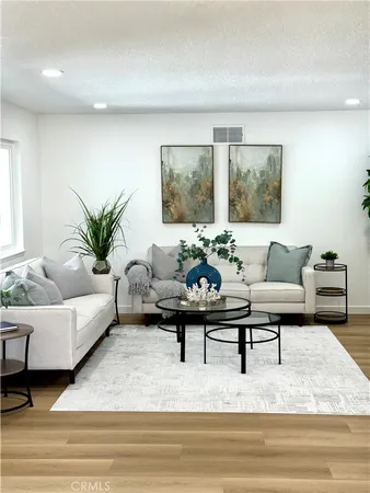 a living room with furniture and a potted plant