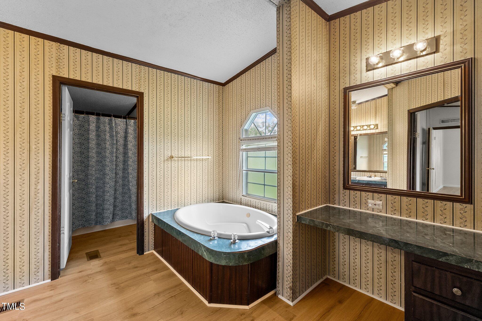 5612 Zacks Mill Road Angier, NC 27501 - Photo 20 of 42 a bathroom with a tub a sink and a large mirror