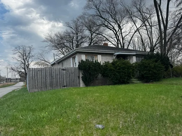a backyard of a house with plants and large trees