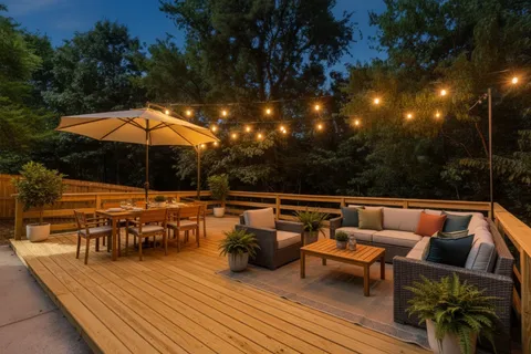 an outdoor sitting area with furniture and wooden floor
