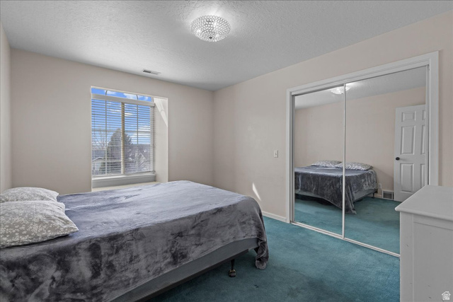 19 South 820 East Tooele, UT 84074 - Photo 27 of 46 Bedroom featuring carpet floors, a walk in closet, and a textured ceiling