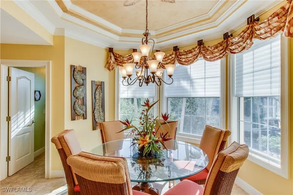 a view of a dining room with furniture window and outside view