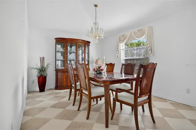 a view of a dining room with furniture window and outside view