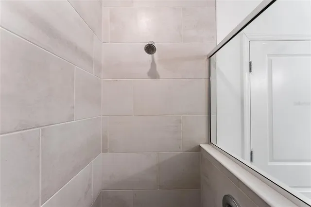 a bathroom with a shower and a toilet