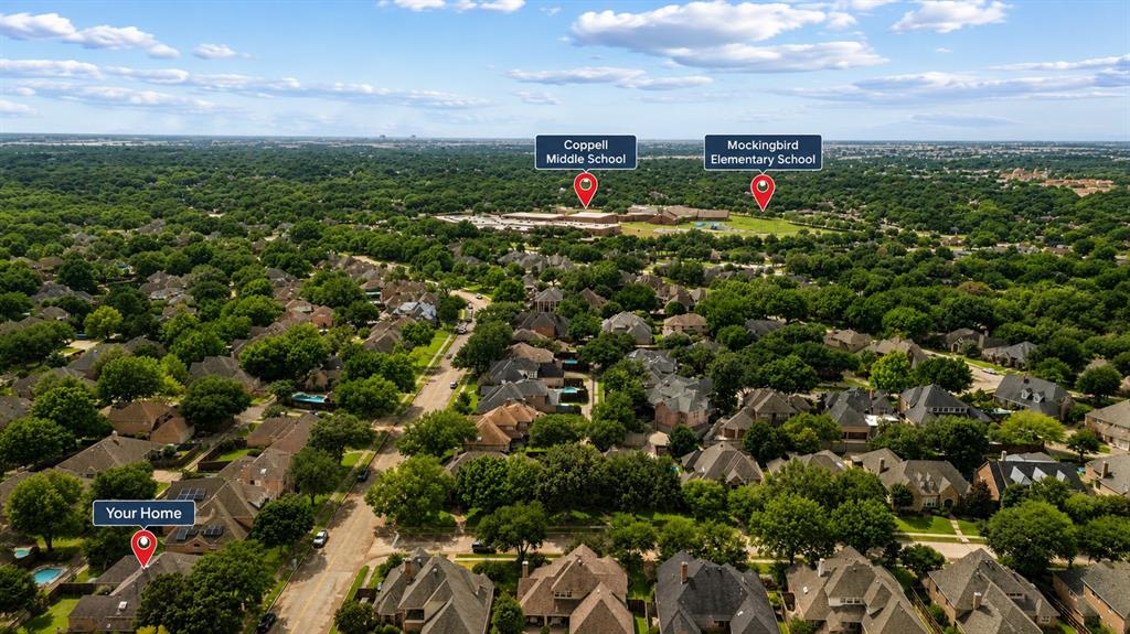 967 East Bethel School Road Coppell, TX 75019 - Photo 39 of 39 Aerial perspective showcasing the residential neighborhood with mature tree canopy