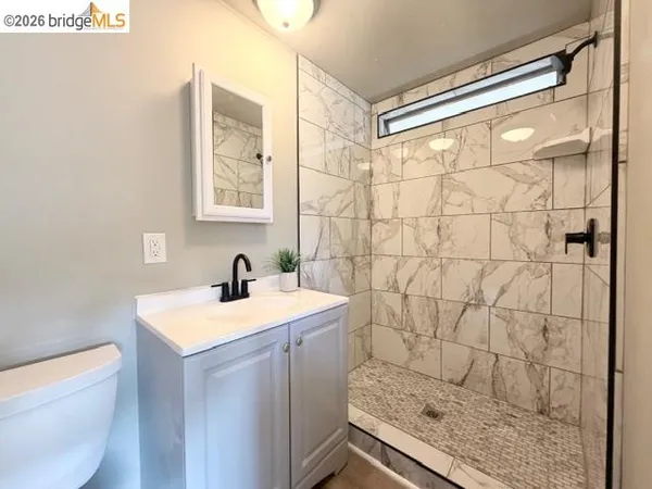a bathroom with a sink a toilet and shower