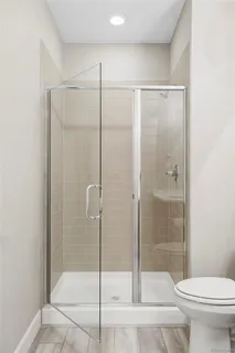 a bathroom with a shower and a toilet