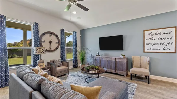 a living room with fireplace furniture and a flat screen tv