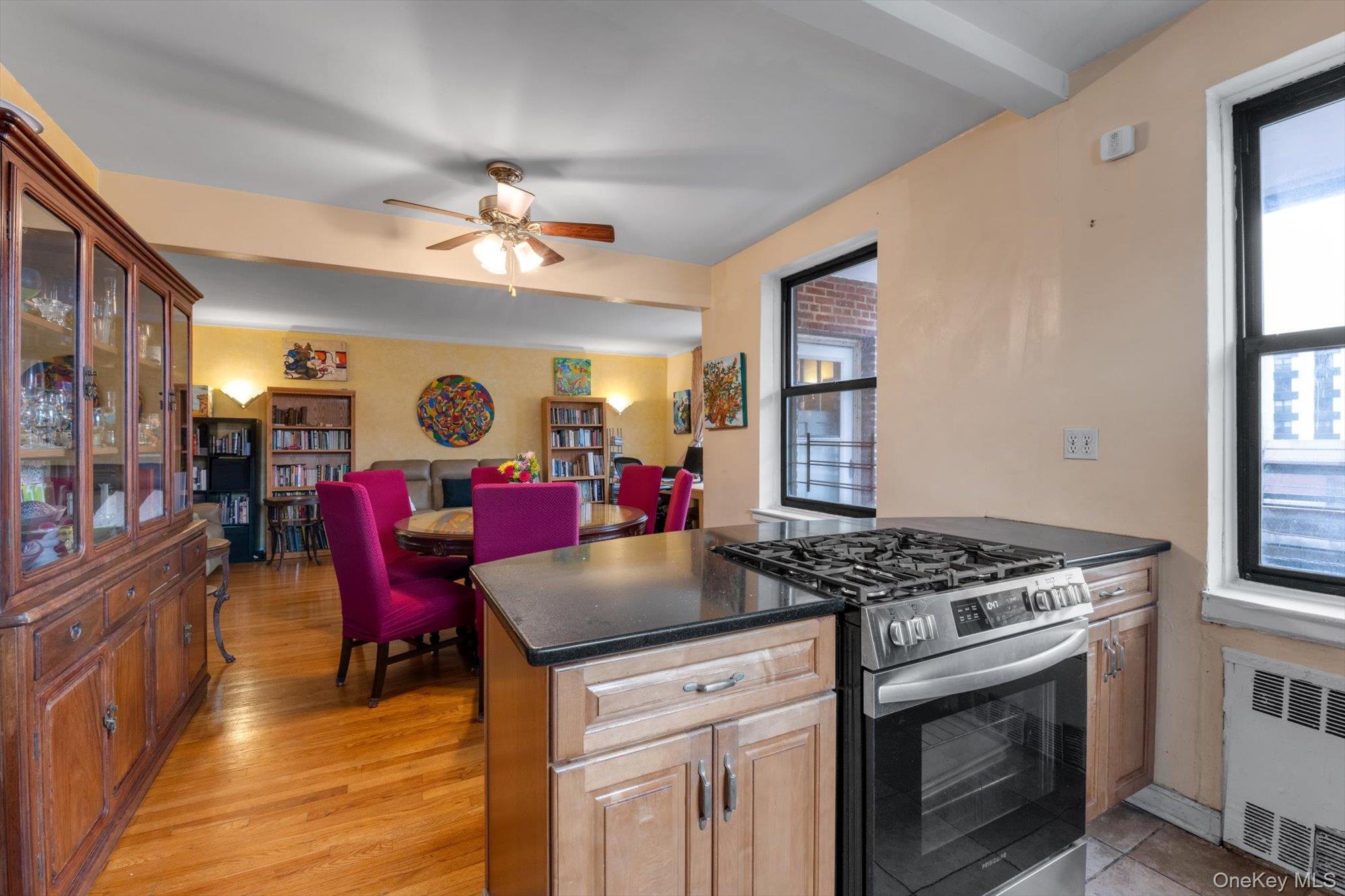123-35 82nd Road, Unit 5C Queens, NY 11415 - Photo 8 of 21 a kitchen with stainless steel appliances granite countertop a stove a sink dishwasher and a dining table with wooden floors