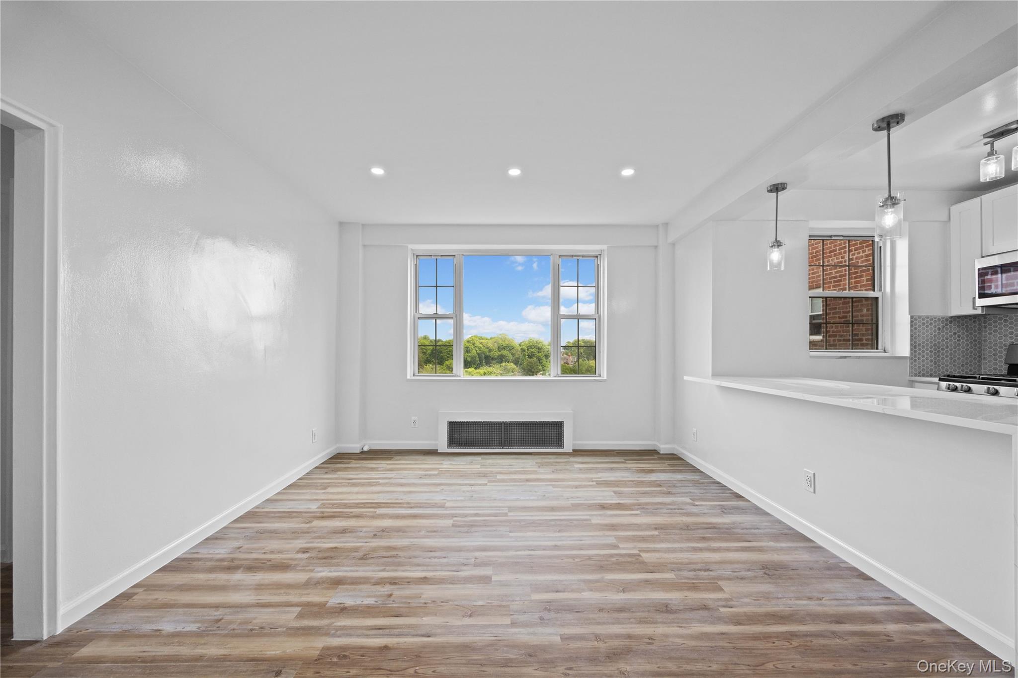 220 Pelham Road, Unit 6P New Rochelle, NY 10805 - Photo 4 of 25 Unfurnished living room featuring a fireplace, light wood finished floors, and recessed lighting