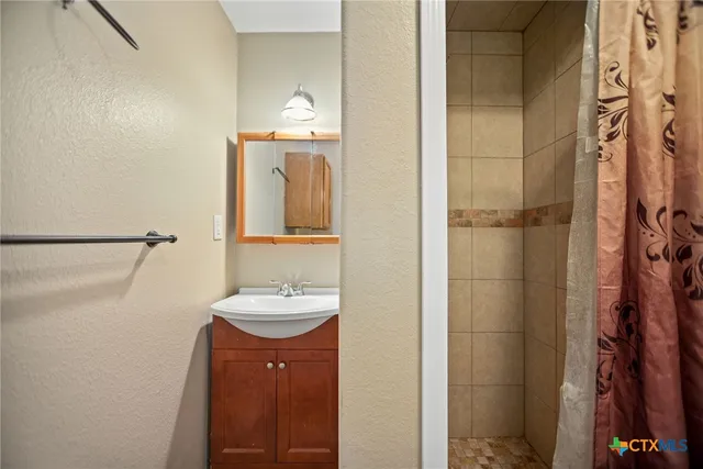 a bathroom with a sink and a mirror