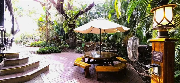 a view of a patio with chairs and table potted plants