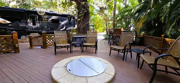 an outdoor space with furniture